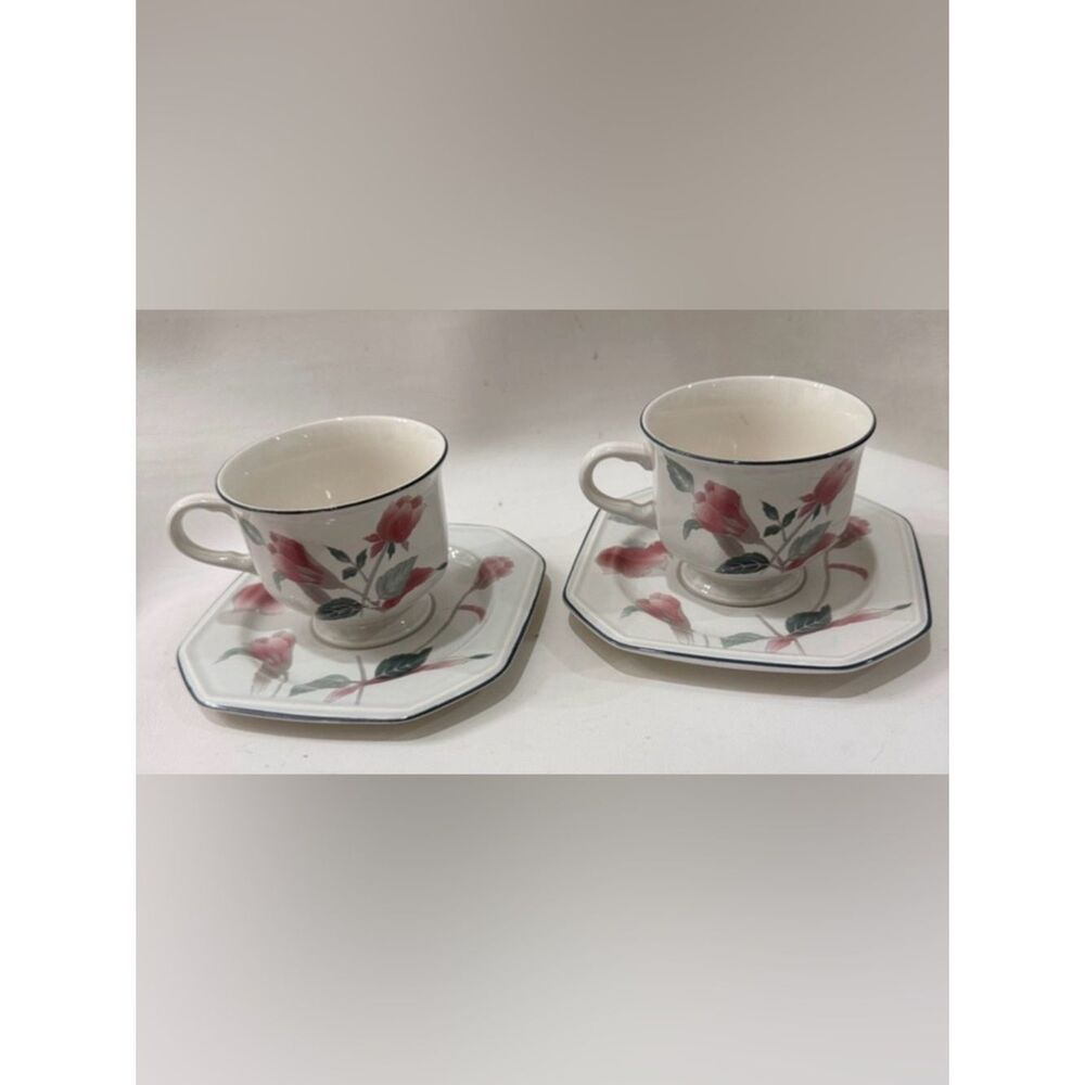 Mikasa Continental Porcelain 2 Teacup 2 Saucer Sets Pink Silk Flowers F 3003